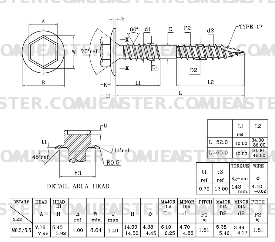 Hex Flange Head Self-Tapping Screw with Type 17 Cutting Point and Double Thread - Technical Drawing - Aufaster
