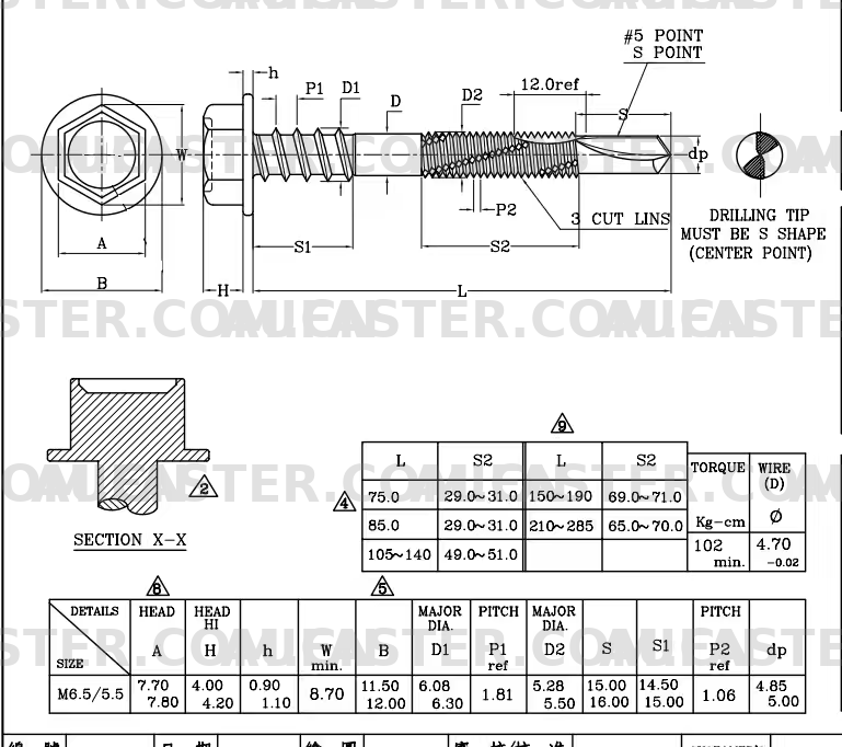 Hex Washer Head Self-Drilling Screw with #5 Drilling Point and Double Thread - Technical Drawing - Aufaster